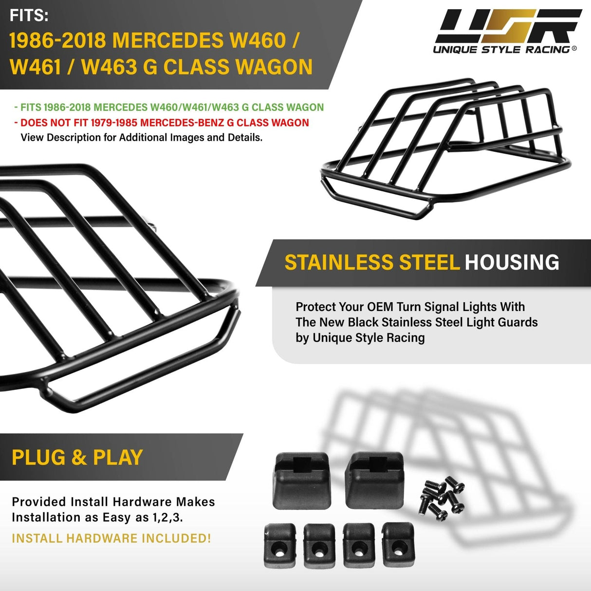 1986-2018 Mercedes G-Class Black Metal Turn Signal Guards