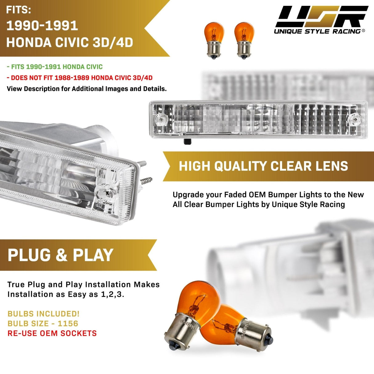 1990-1991 Honda Civic 3d/4d Amber Bumper Lights