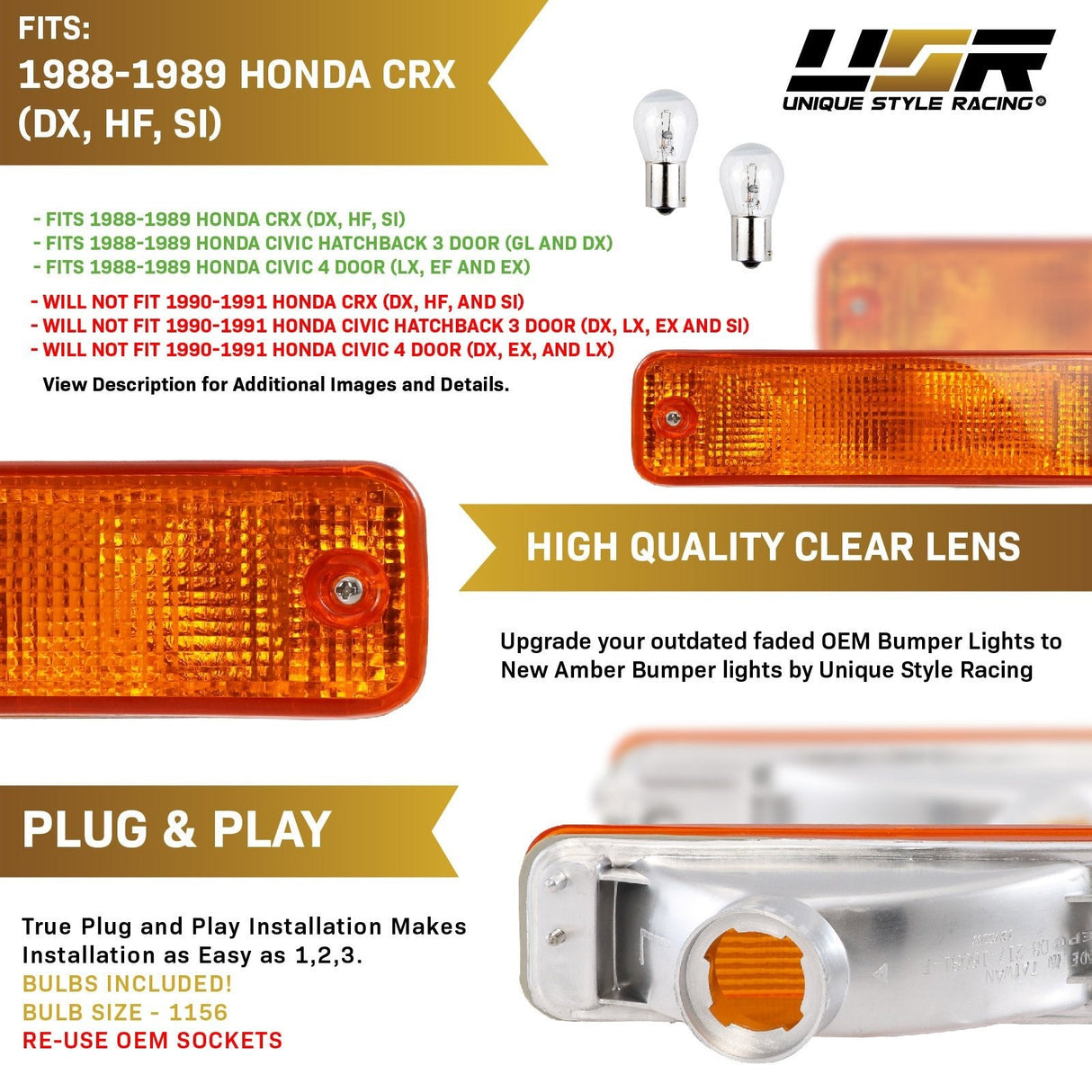 1988-1989 Honda CRX / Civic Amber Bumper Lights