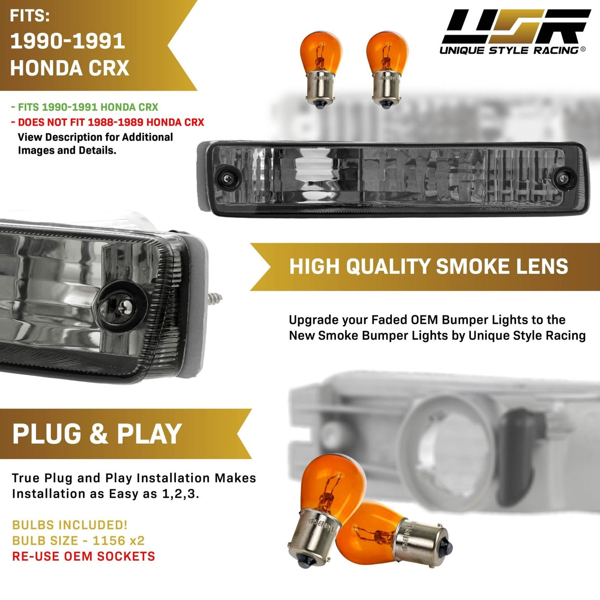 1990-1991 Honda Crx Depo Crystal 脢Amber Bumper Lights