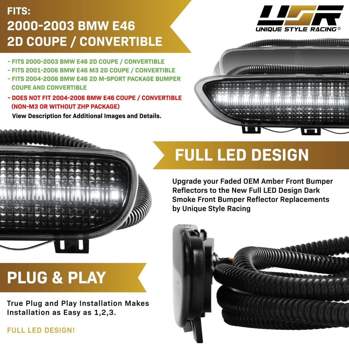 2000-2003 BMW E46 2D/Cabrio Smoke Front White LED Bumper Reflector
