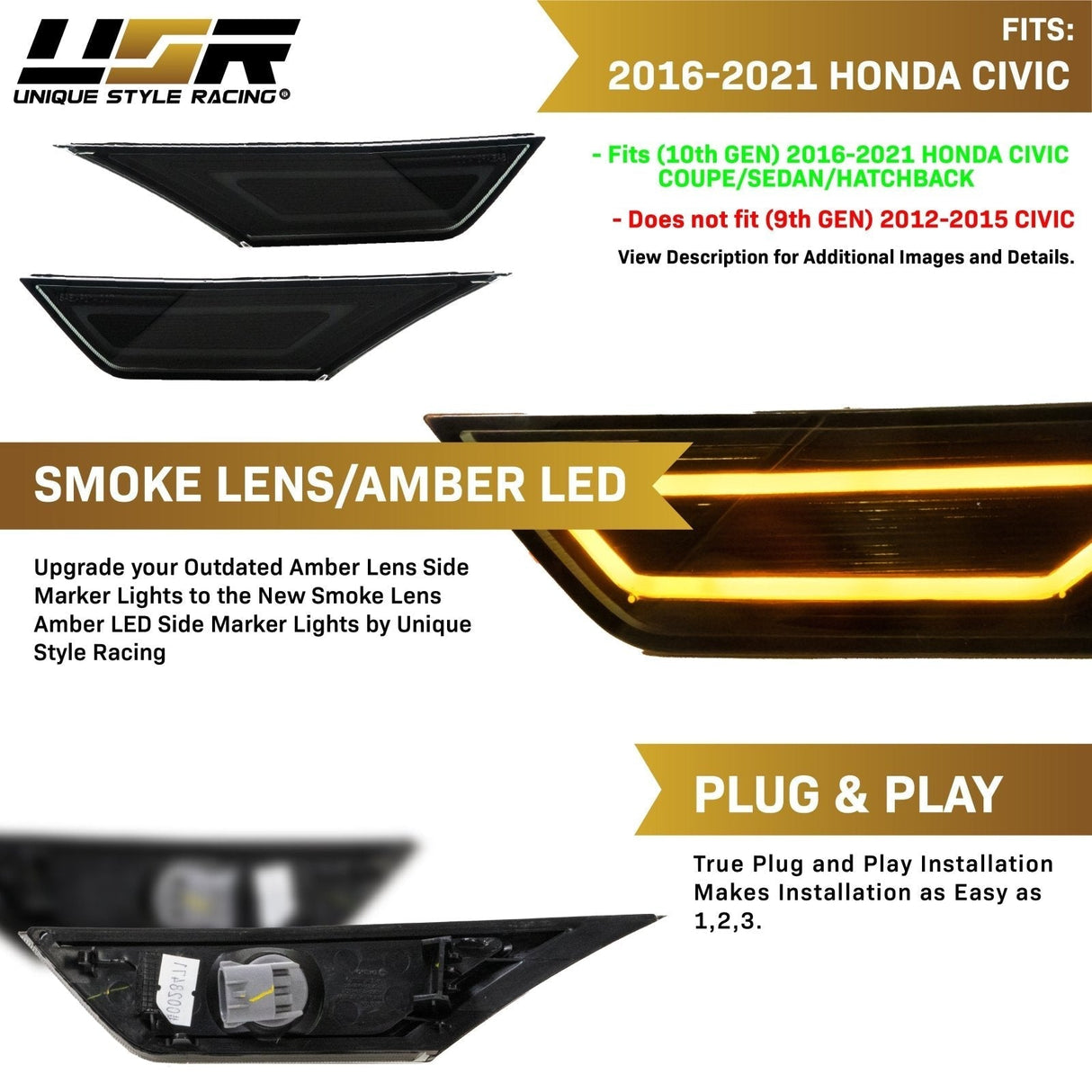 2016-2021 Honda Civic Smoke Lens Black Amber LED Side Markers