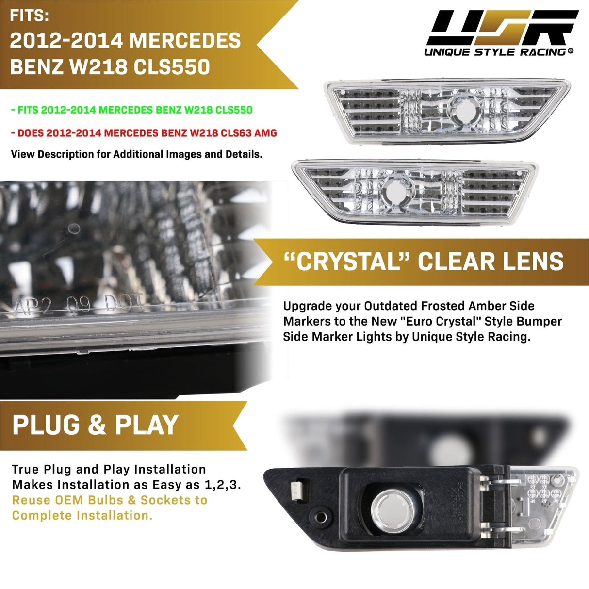 2012-2014 Mercedes W218 CLS Class Clear Bumper Side Marker Lights