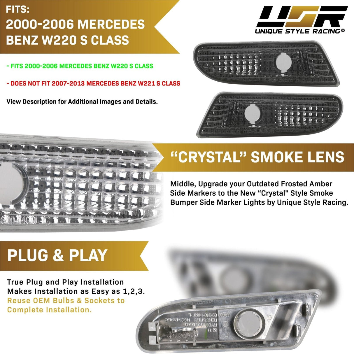 2000-2006 Mercedes W220 S-Class Crystal Smoke Bumper Lights