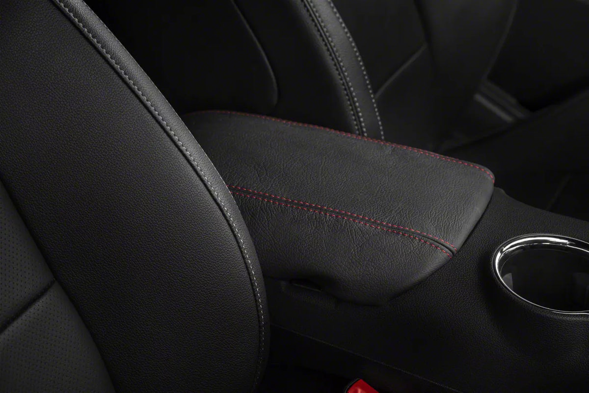SpeedForm Premium Leather Armrest Cover; Red Stitching (15-23 Mustang)