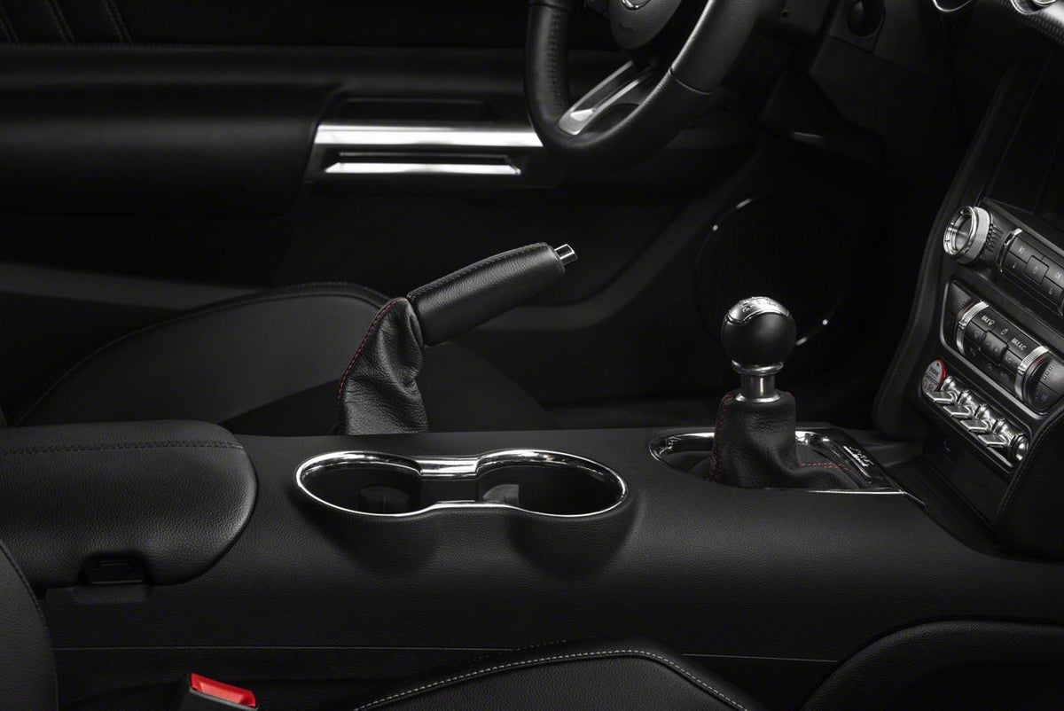 SpeedForm Premium Black Leather E-Brake Boot; Red Stitching (15-23 Mustang)