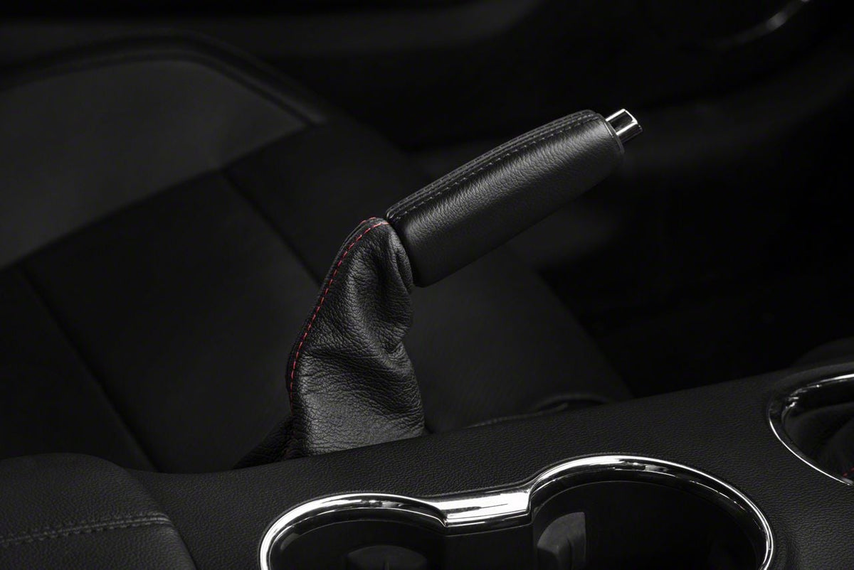 SpeedForm Premium Black Leather E-Brake Boot; Red Stitching (15-23 Mustang)