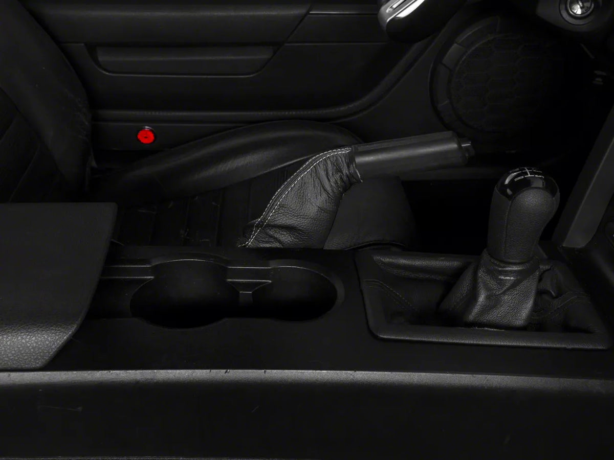 SpeedForm Premium Black Leather E-Brake Boot; Silver Stitch (05-09 Mustang)