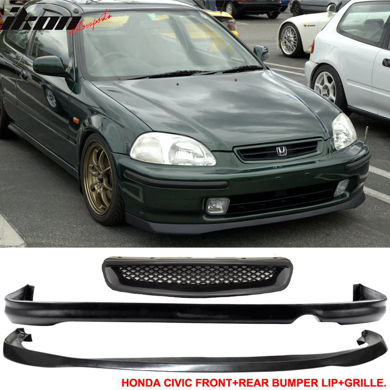 Fits Honda Civic 96-98 2 SIR Front Rear Bumper Lip + T-R Front Grille