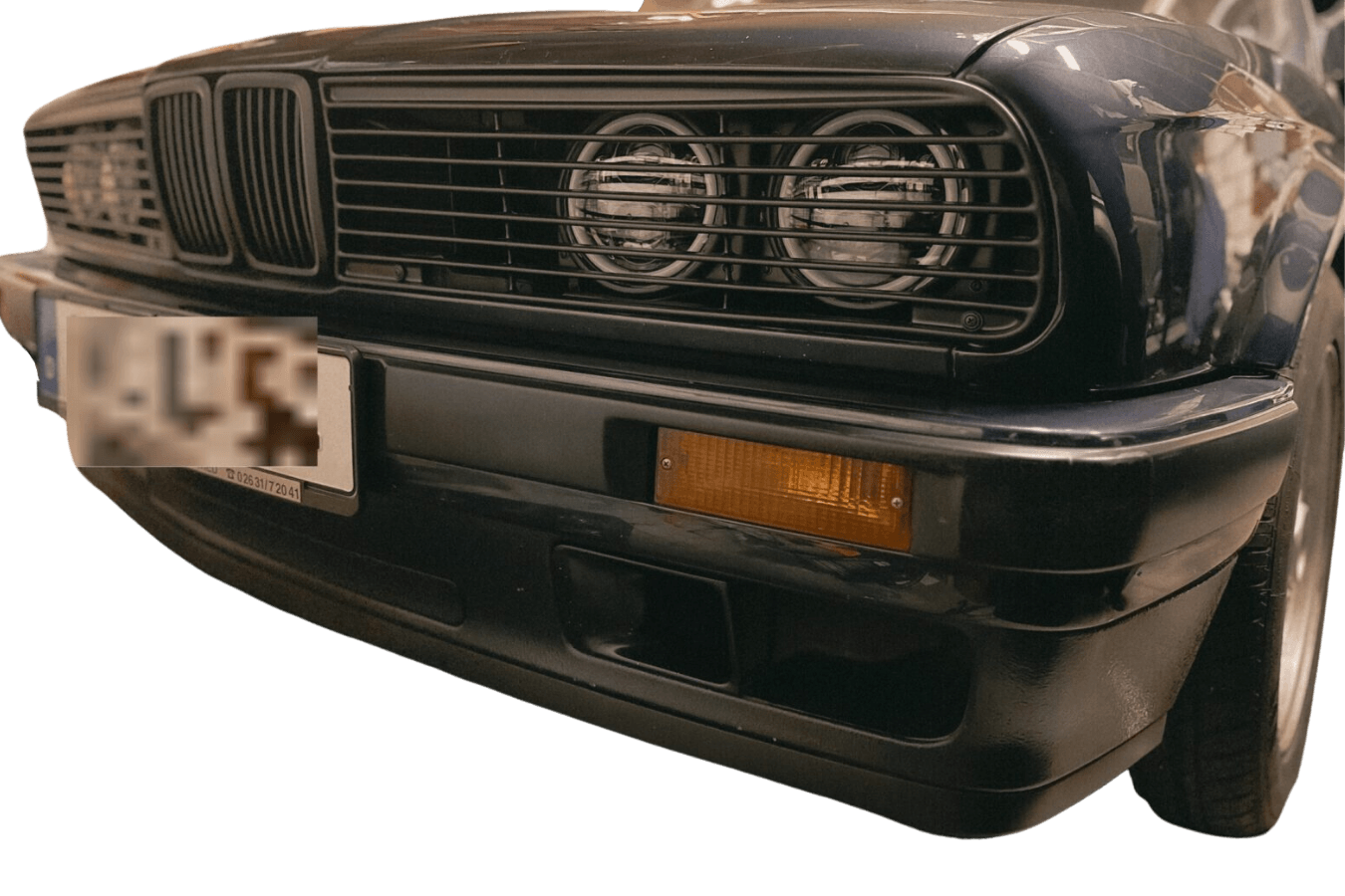 Sleek black bwm e30 coupe with detailed front grill on a foggy road on  Craiyon