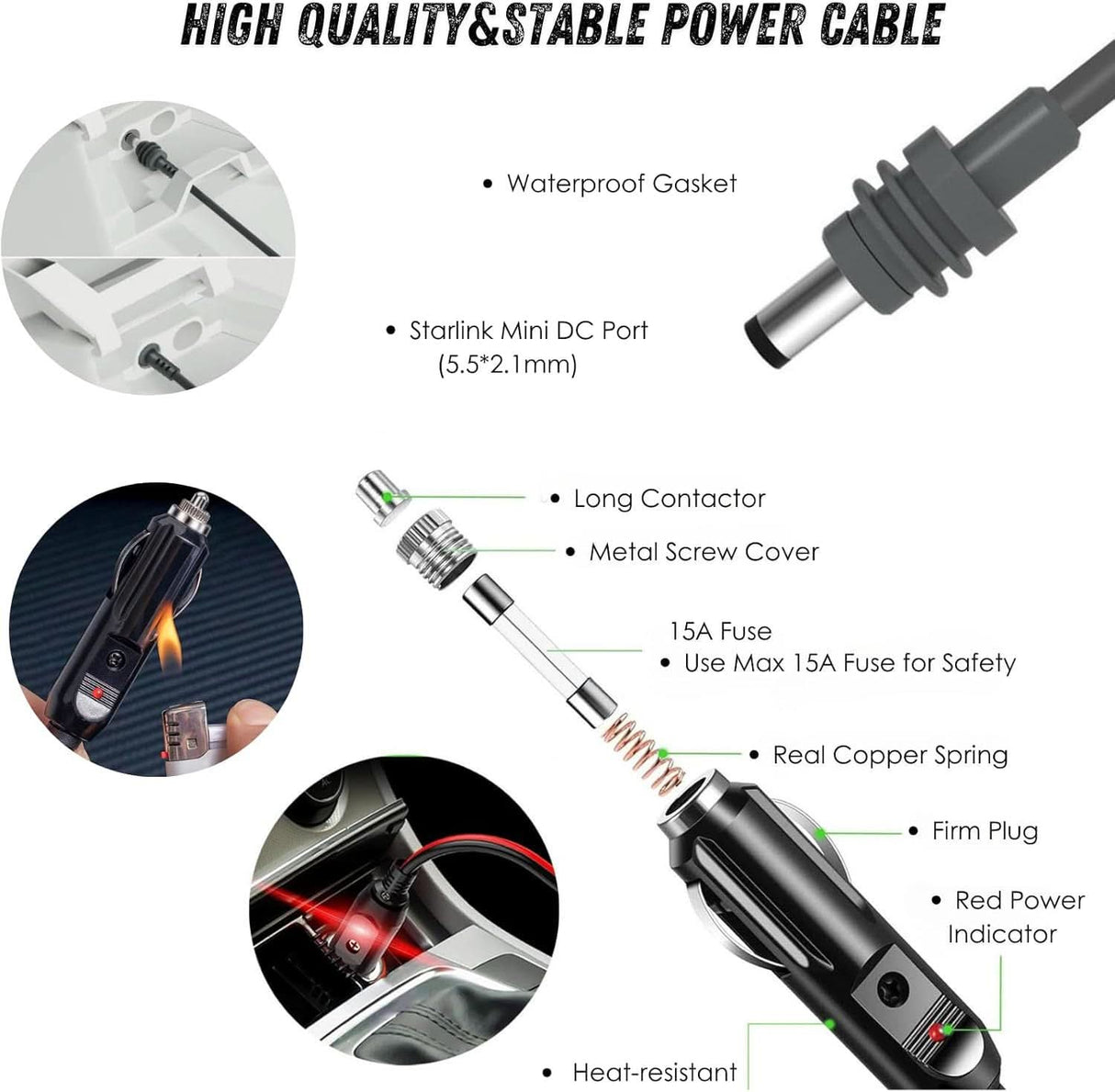 12V-24V Car Cigarette Lighter to DC Power Cable for Starlink Mini | 3M-10M