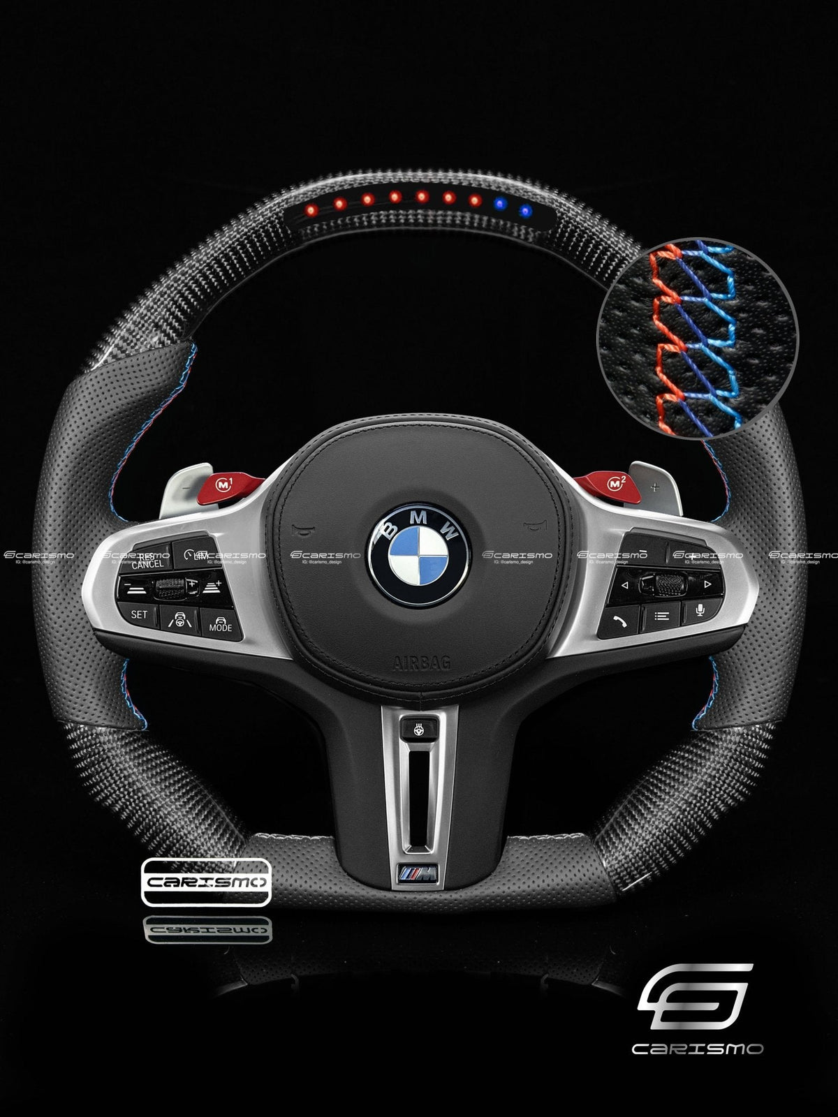 Carismo Steering Wheel For BMW G-Series (M Performance Wheels) - Sequential RPM LED - Gloss Carbon - Perforated Leather