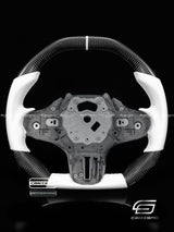 Carismo Steering Wheel For BMW G-Series (M Performance Wheels) - Signature - Gloss Carbon - White Smooth Leather