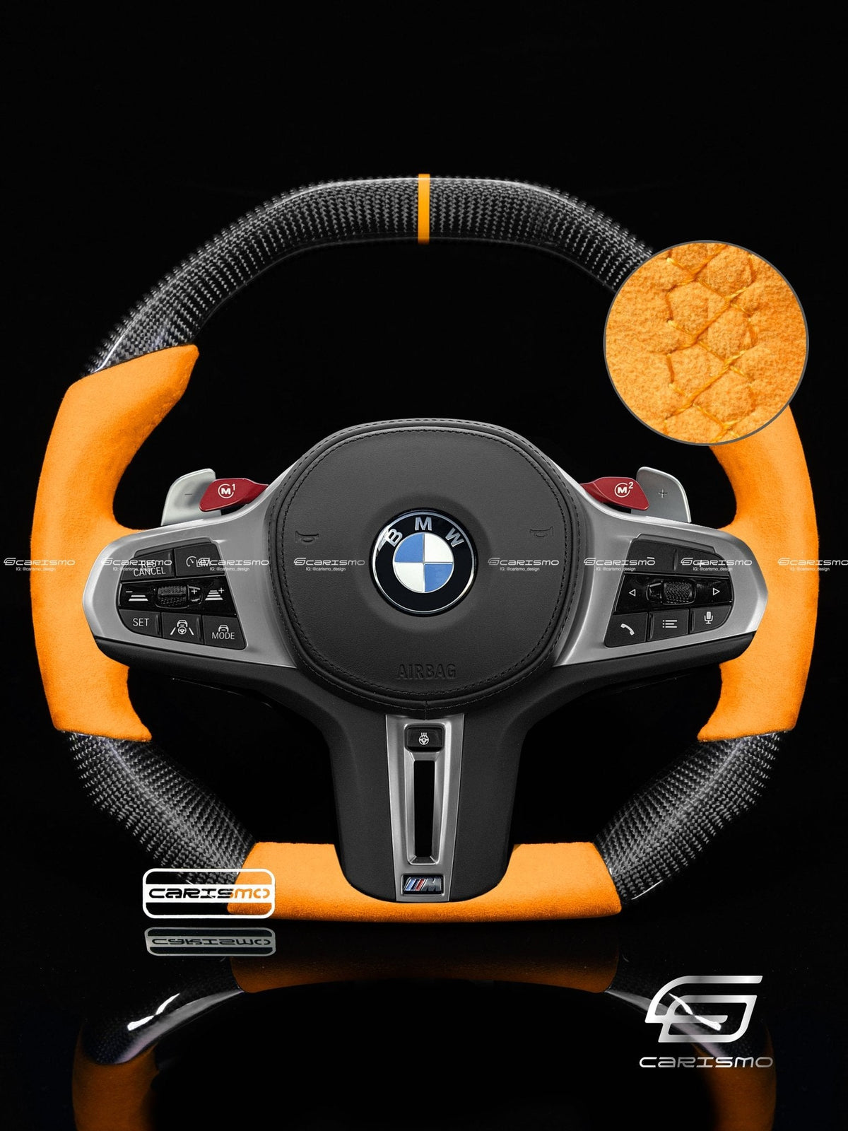 Carismo Steering Wheel For BMW G-Series (M Performance Wheel) - Signature - Gloss Carbon - Orange Alcantara