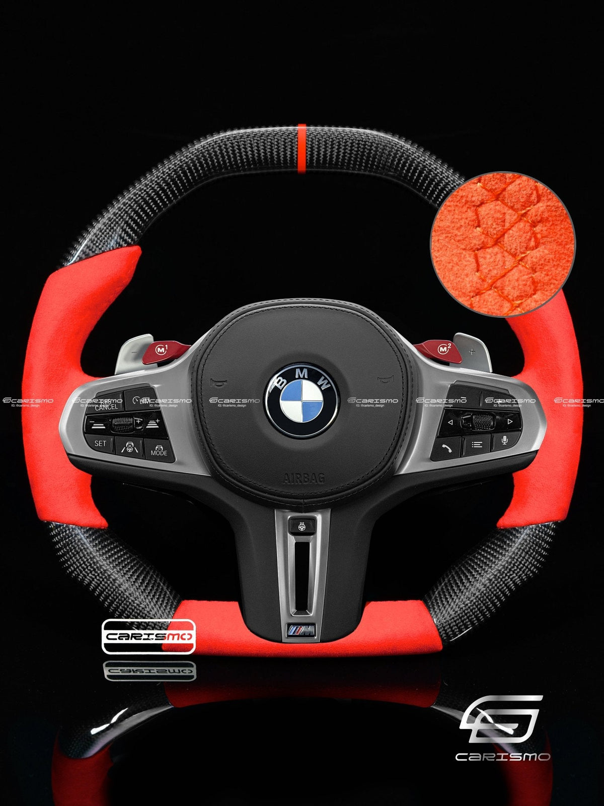 Carismo Steering Wheel For BMW G-Series (M Performance Wheel) - Signature - Gloss Carbon - Red Alcantara