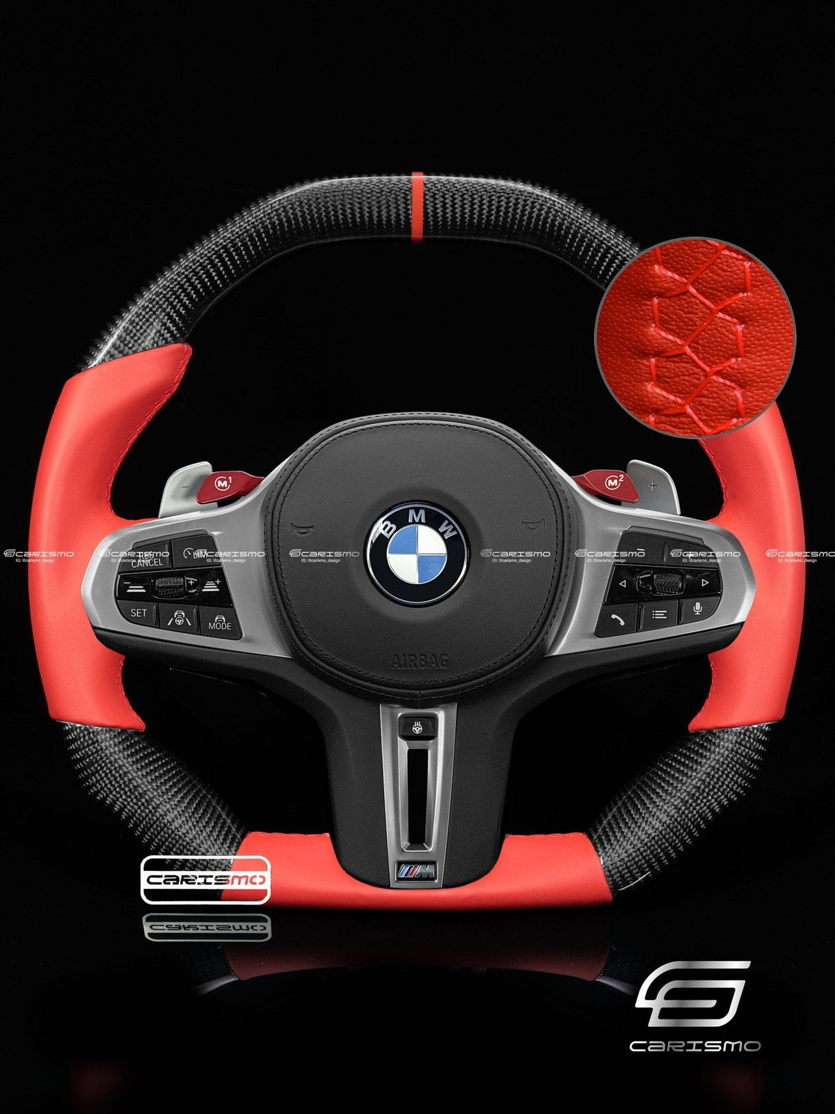 Carismo Steering Wheel For BMW G-Series (M Performance Wheel) - Signature - Gloss Carbon - Red Smooth Leather