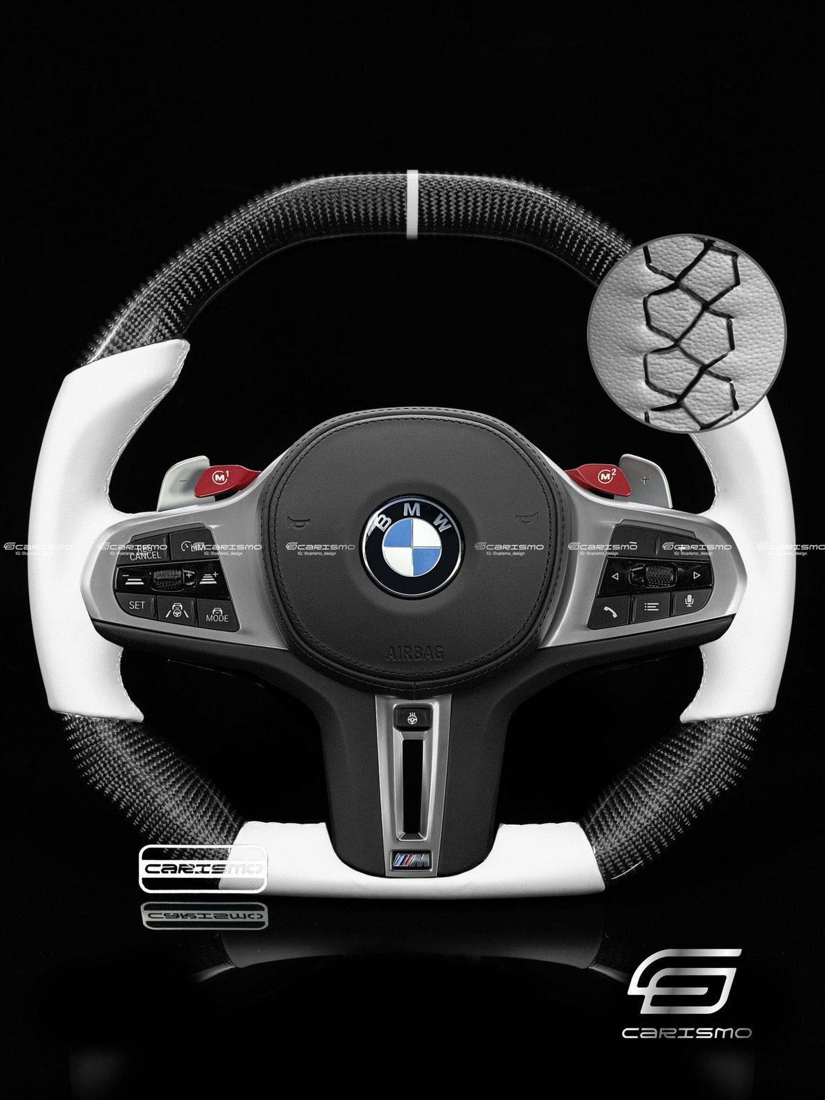 Carismo Steering Wheel For BMW G-Series (M Performance Wheel) - Signature - Gloss Carbon - White Smooth Leather