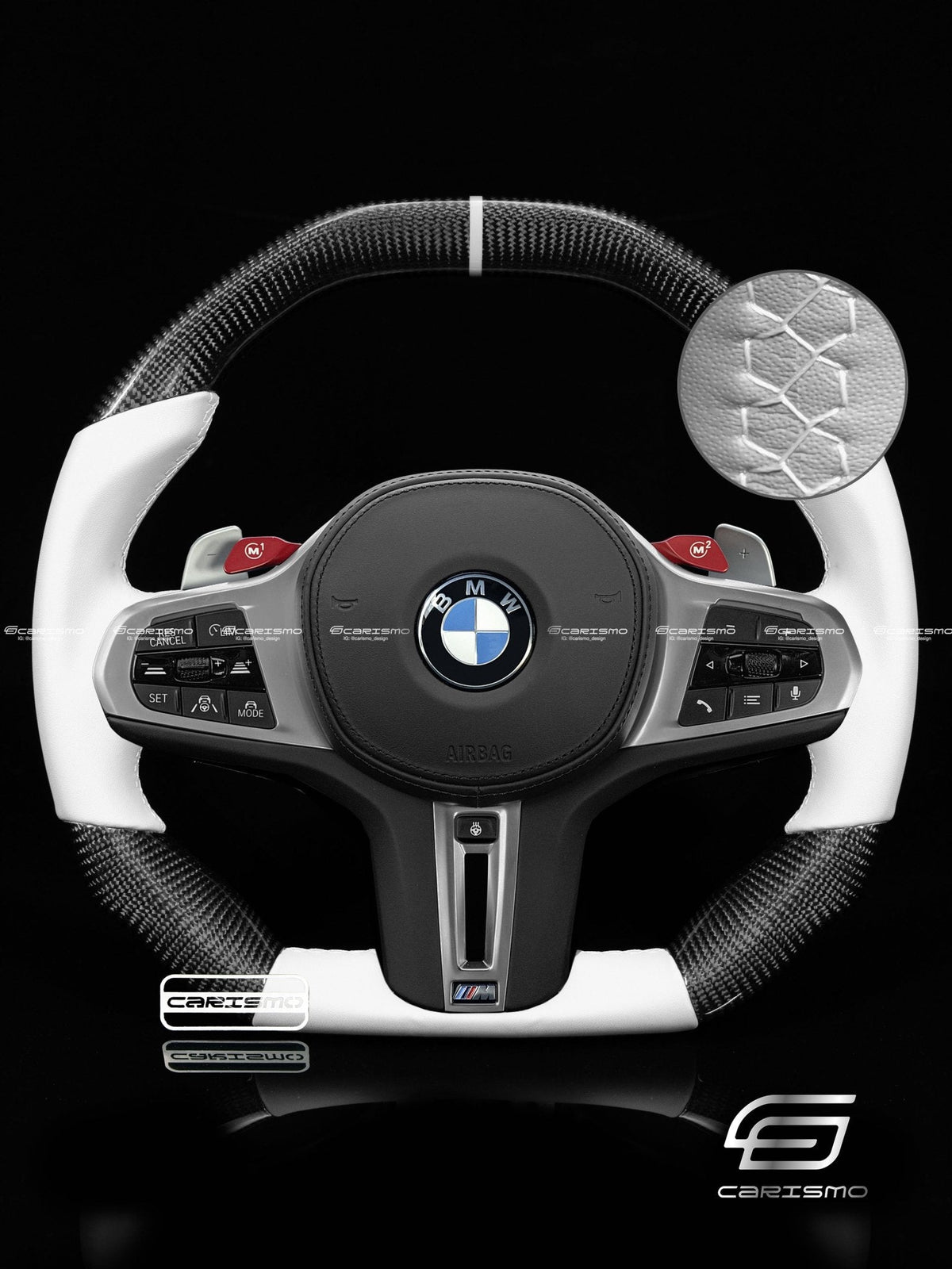 Carismo Steering Wheel For BMW G-Series (M Performance Wheel) - Signature - Gloss Carbon - White Smooth Leather