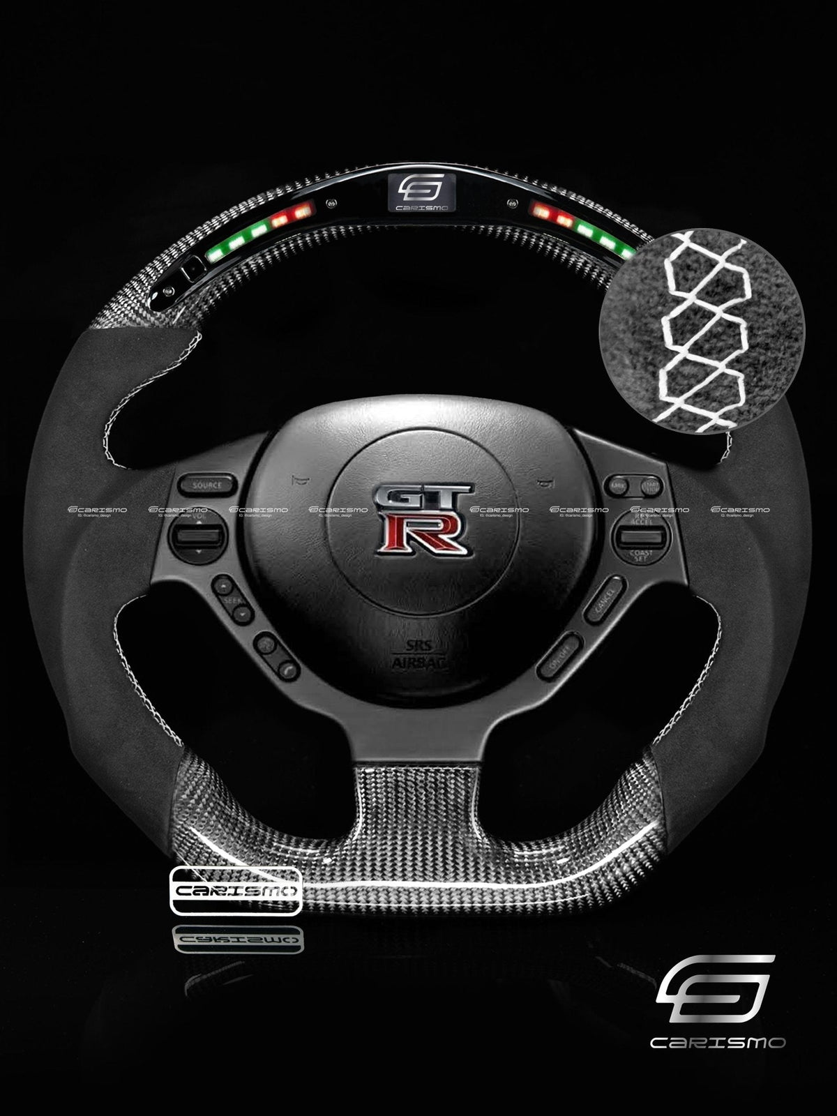 Carismo Steering Wheel For Nissan GT-R (R35 CBA & DBA) - Classic RPM LED - Gloss Carbon - Alcantara