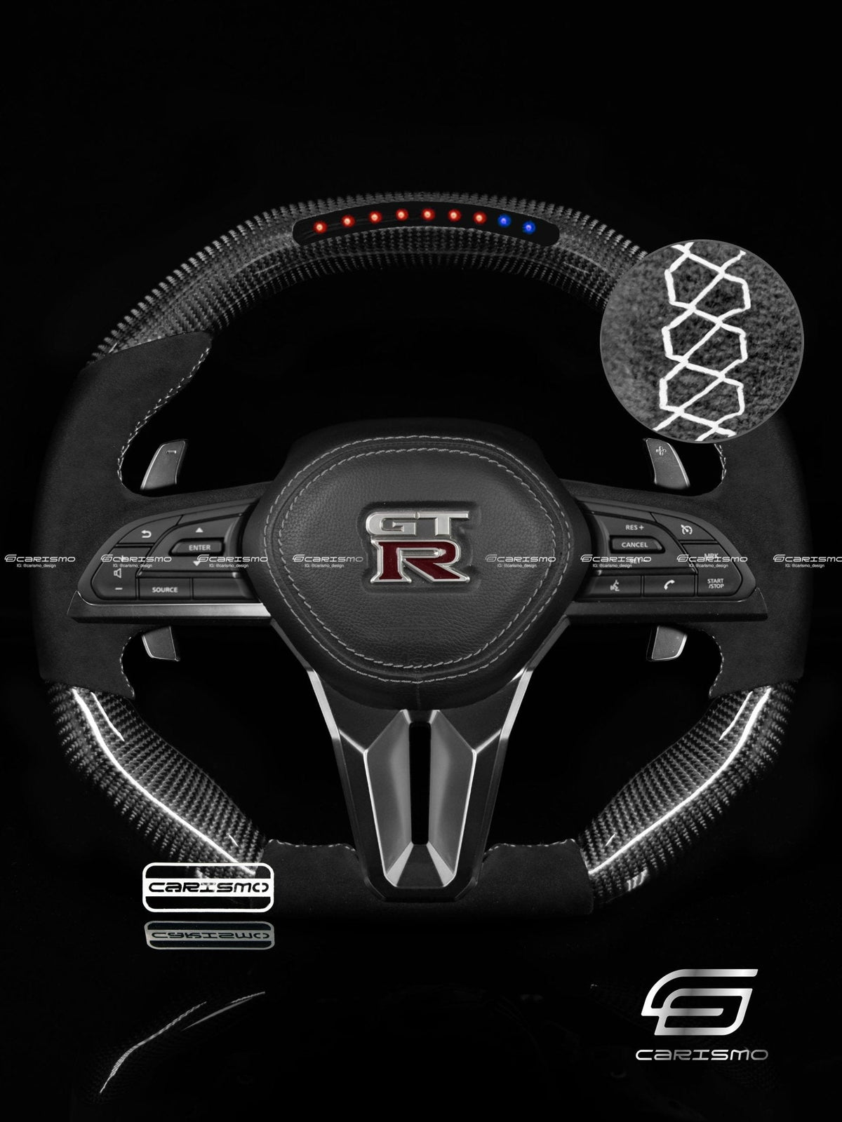 Carismo Steering Wheel For Nissan GT-R (R35 EBA) - Sequential RPM LED - Gloss Carbon - Alcantara