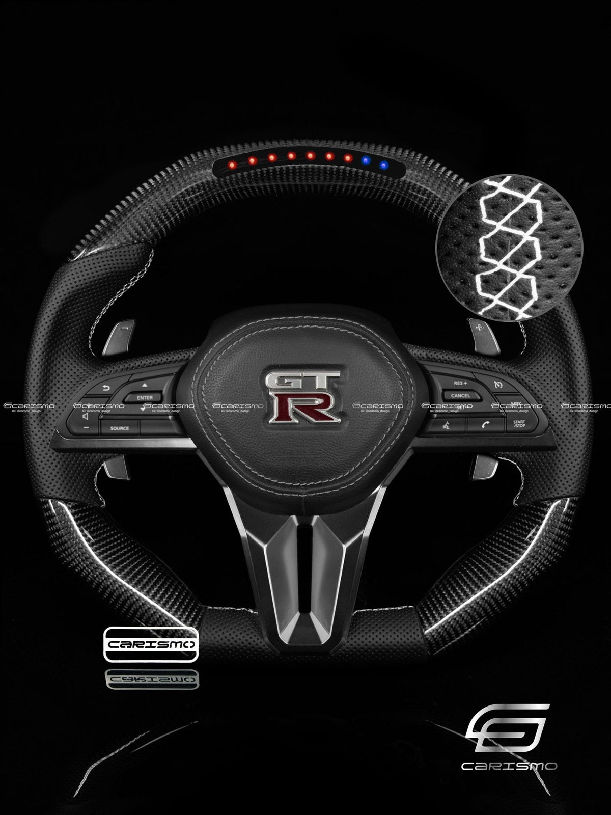Carismo Steering Wheel For Nissan GT-R (R35 EBA) - Sequential RPM LED - Gloss Carbon - Perforated Leather