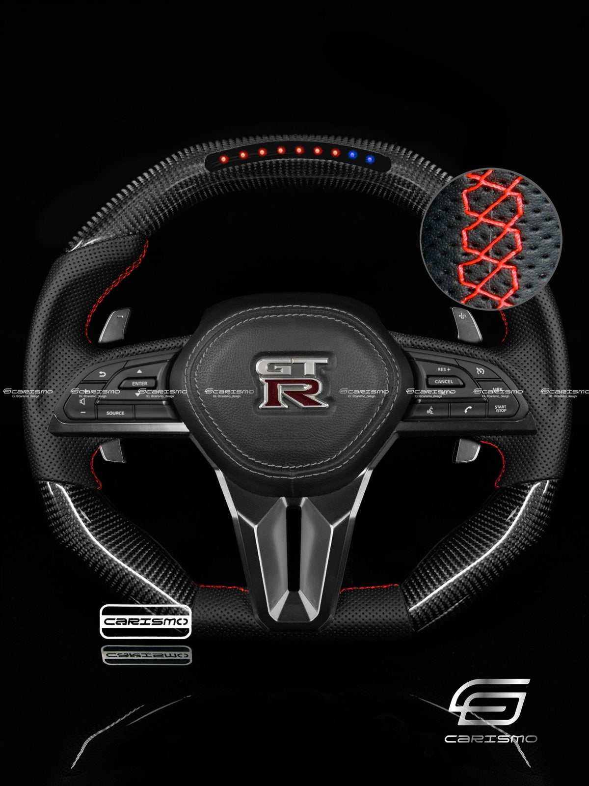 Carismo Steering Wheel For Nissan GT-R (R35 EBA) - Sequential RPM LED - Gloss Carbon - Perforated Leather