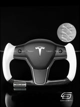 Carismo Steering Wheel For Tesla Model 3/Y - Yoke-Style - Gloss Carbon - White Smooth Leather
