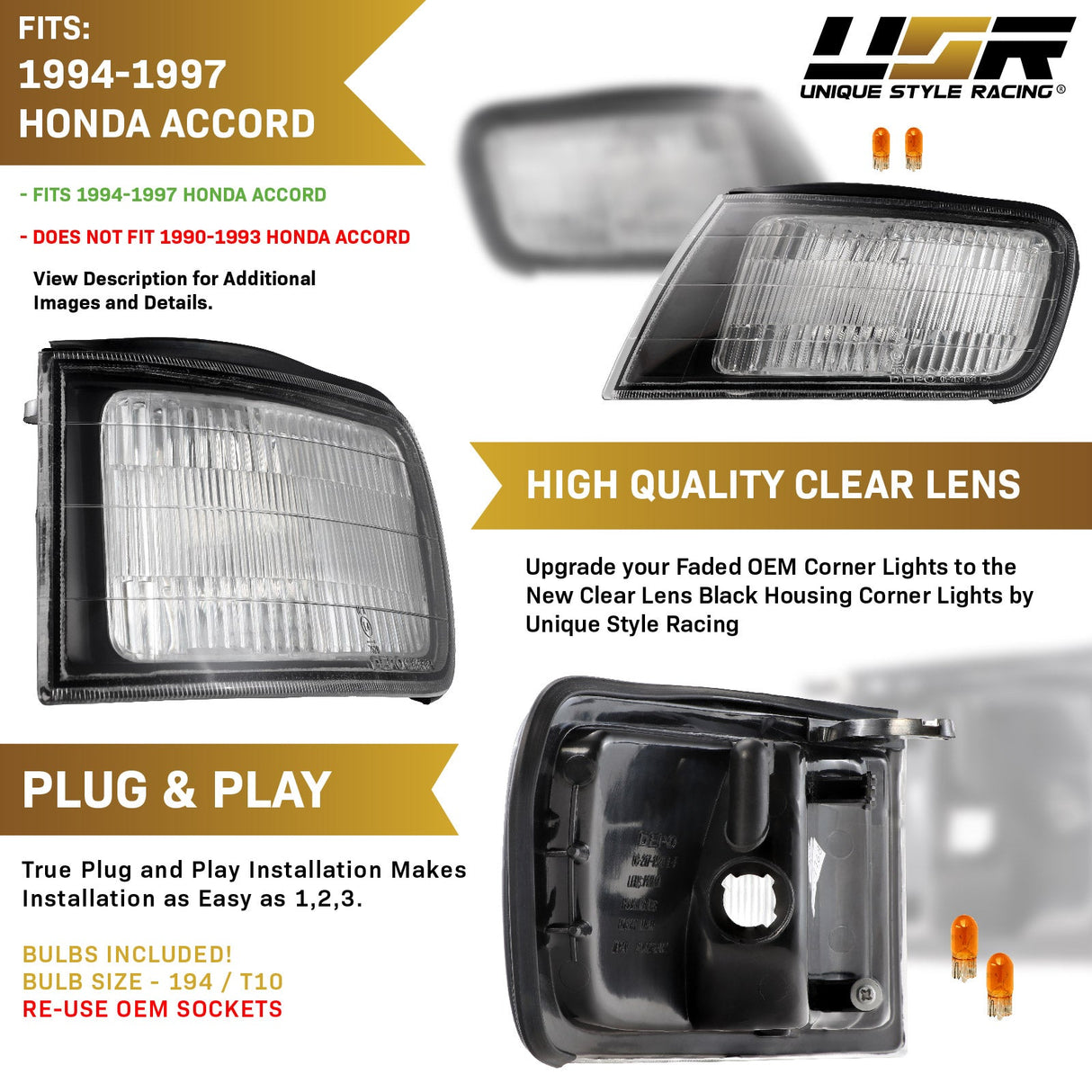 1994-1997 Honda Accord JDM Style Black Clear Corner Lights
