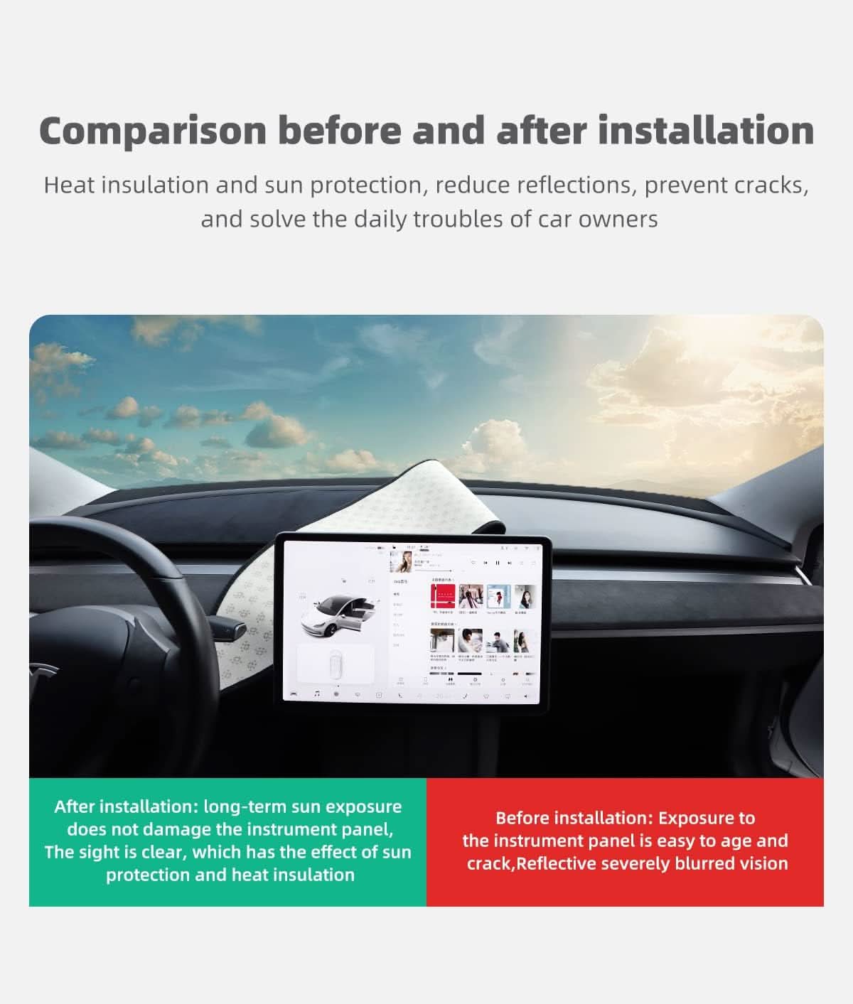 Dashboard Blackout Mat for Model 3/Y Anti-Glare Flannel Dash Cover