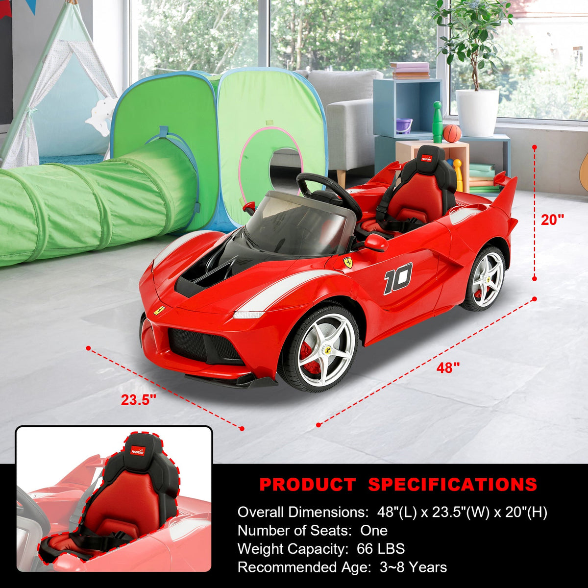 Ferrair Ride-on Red Toy Car for Kids with Parent Remote Control