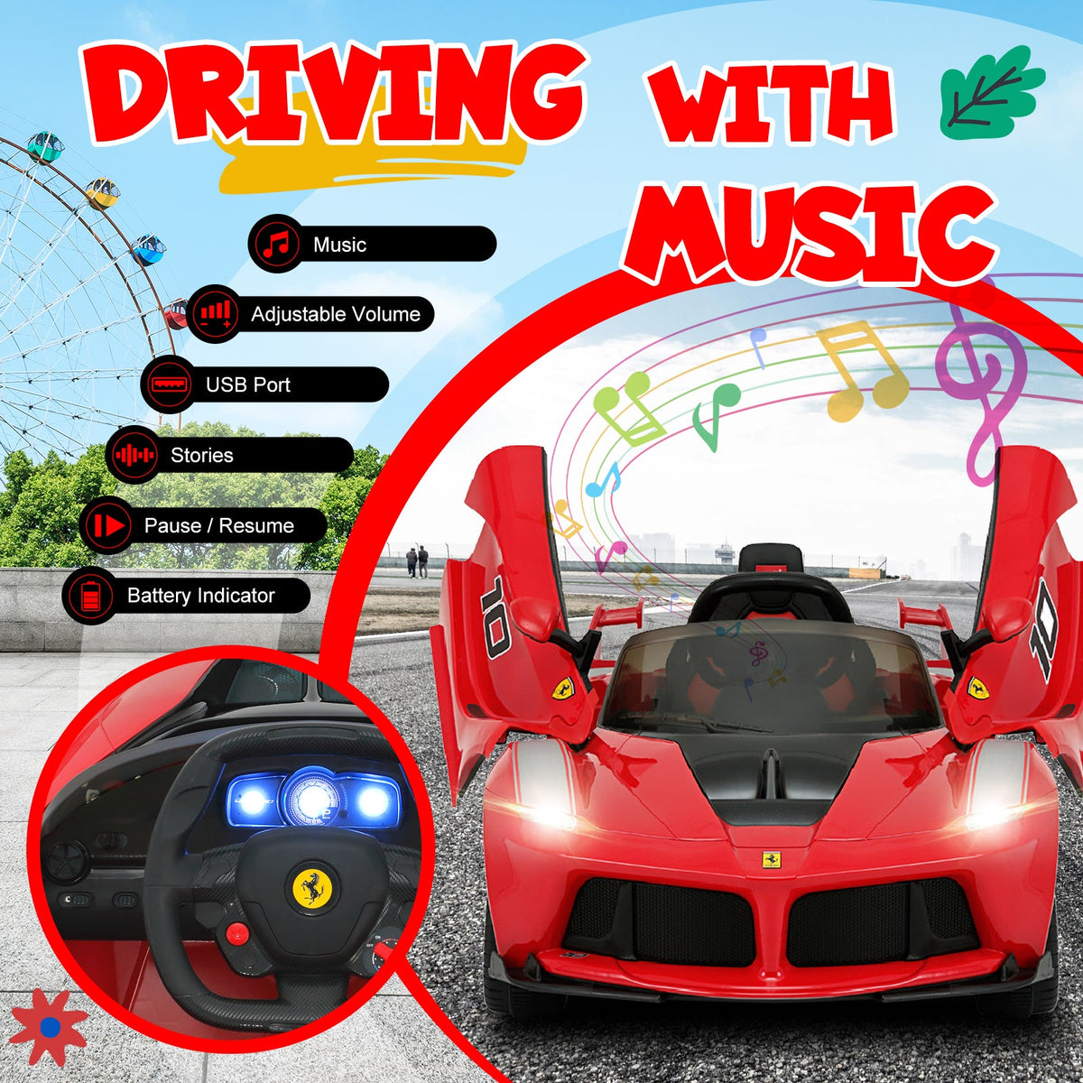 Ferrair Ride-on Red Toy Car for Kids with Parent Remote Control