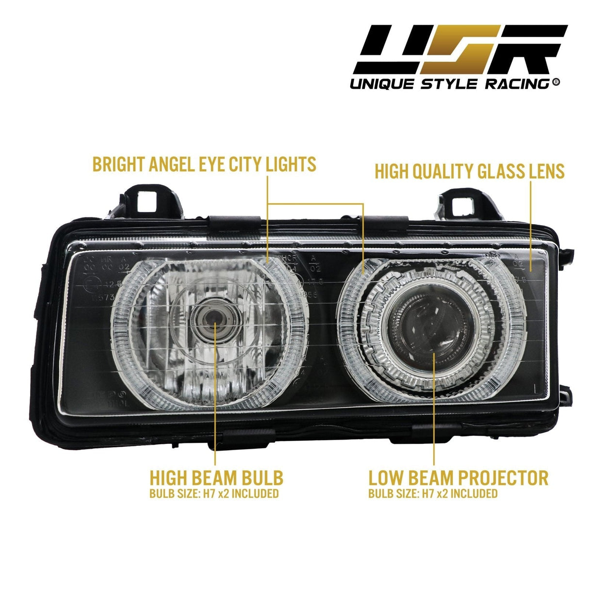 1992-1999 BMW E36 Black Projector Angel Eye Headlights - H7/H7
