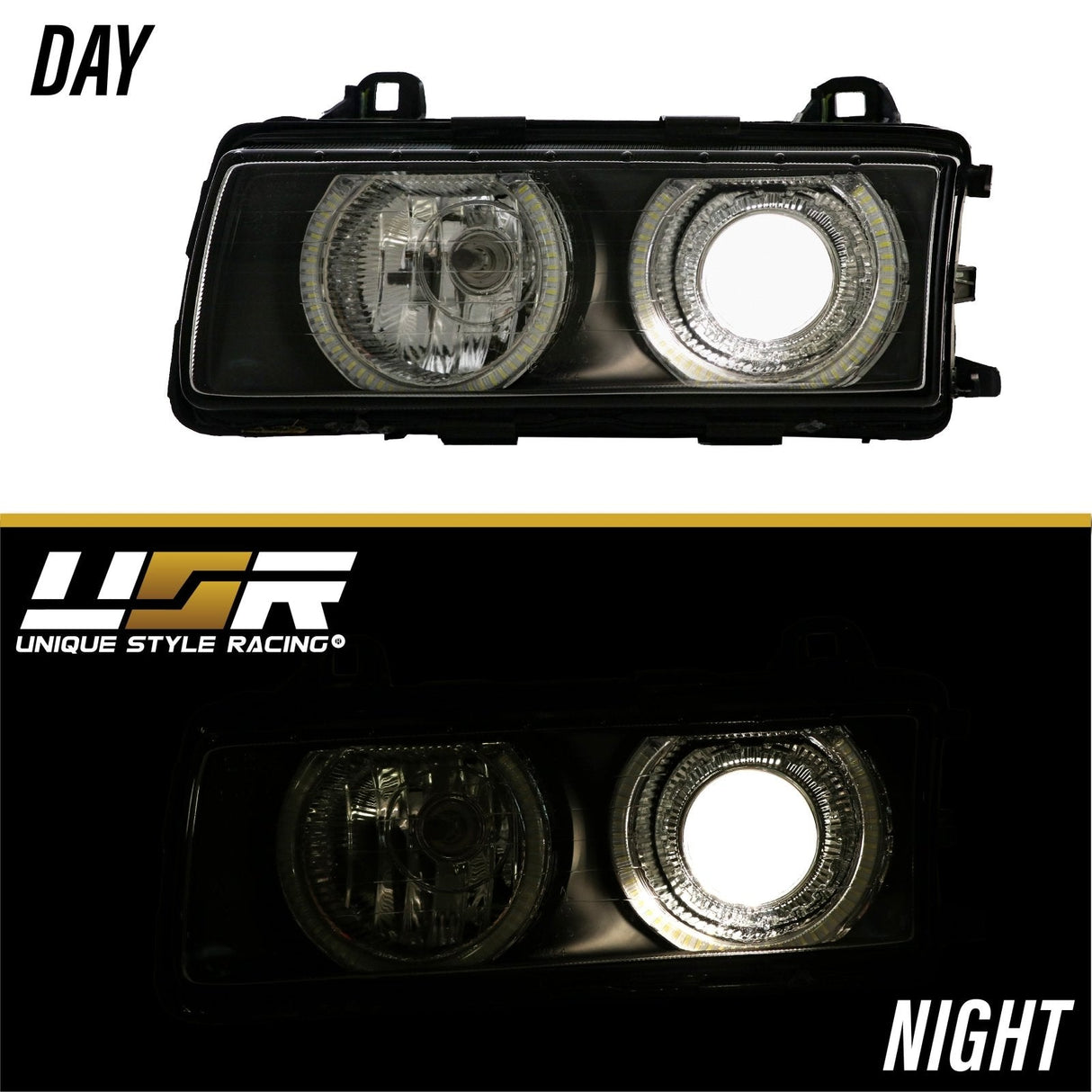 1992-1999 BMW E36 Black Projector Angel Eye Headlights - H7/H7
