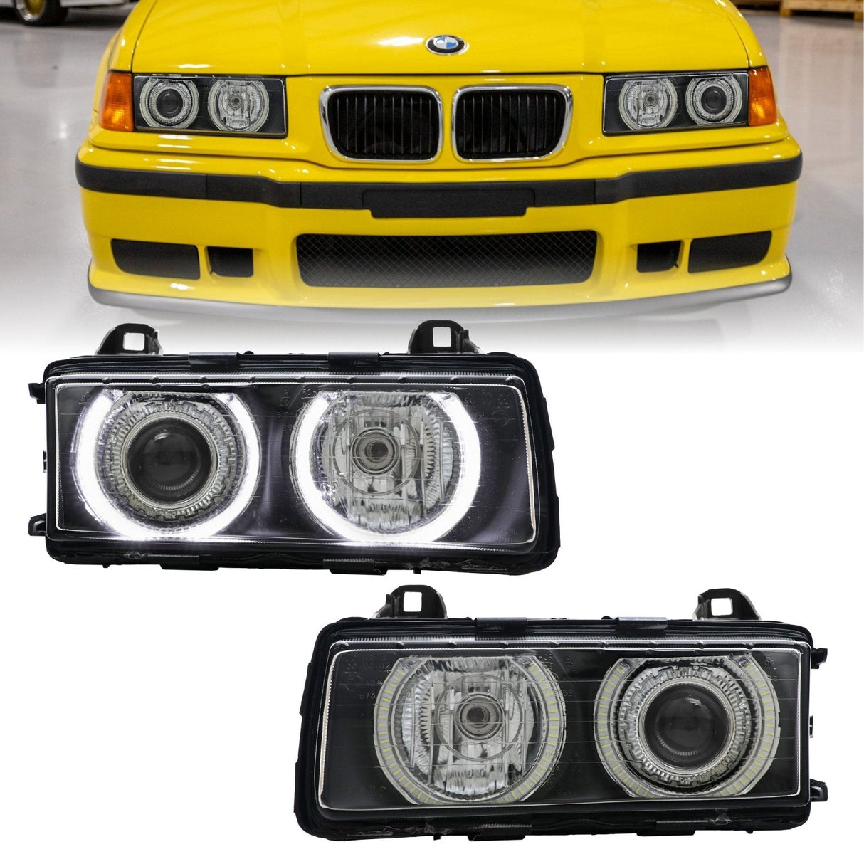 1992-1999 BMW E36 Black Projector Angel Eye Headlights - H7/H7