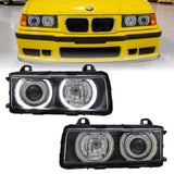 1992-1999 BMW E36 Black Projector Angel Eye Headlights - H7/H7