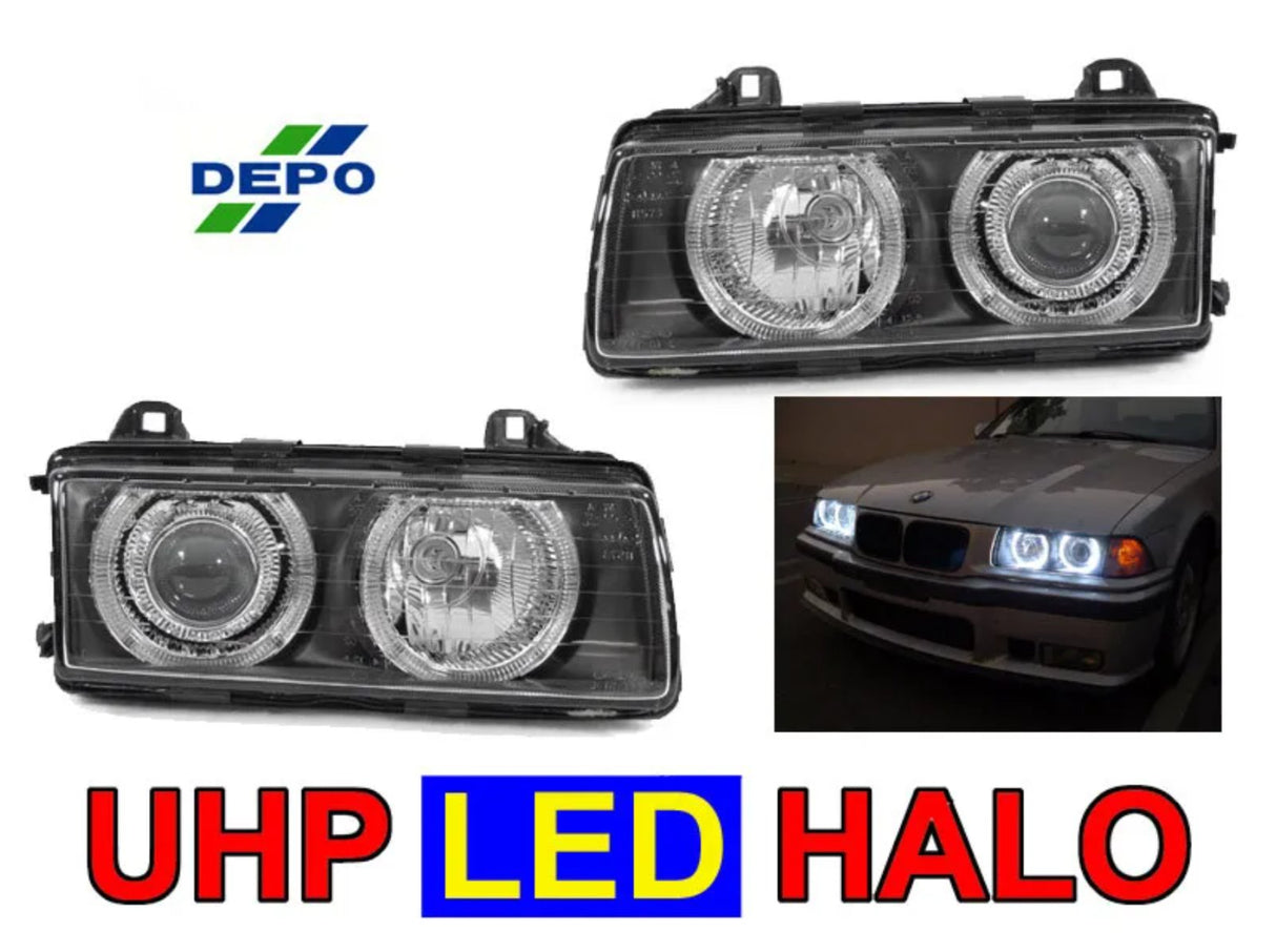 1992-1999 BMW E36 P36 Style Black Headlights with White UHP LED
