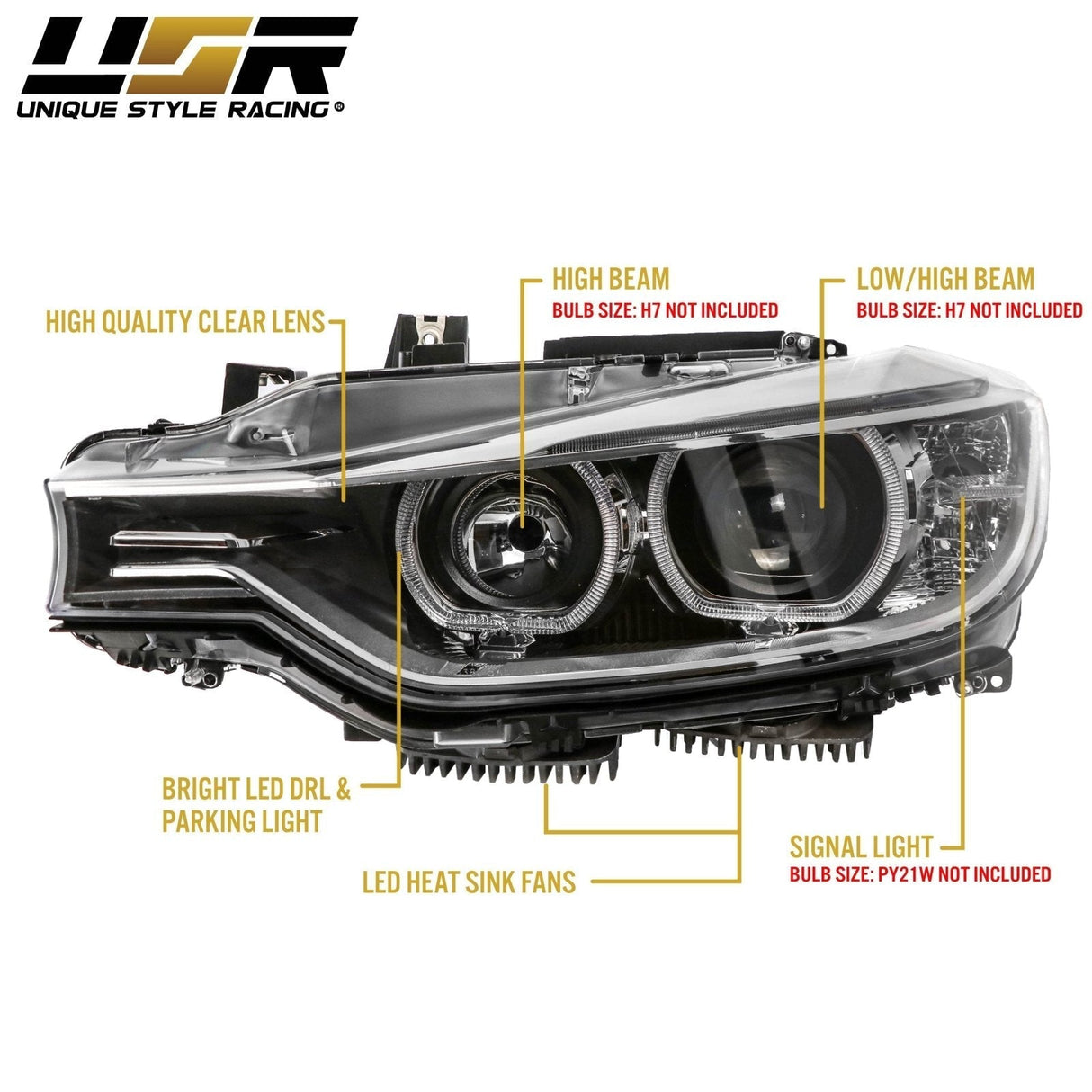2012-2015 BMW F30 3 Series Black Projector Headlights with Halogen Bulbs