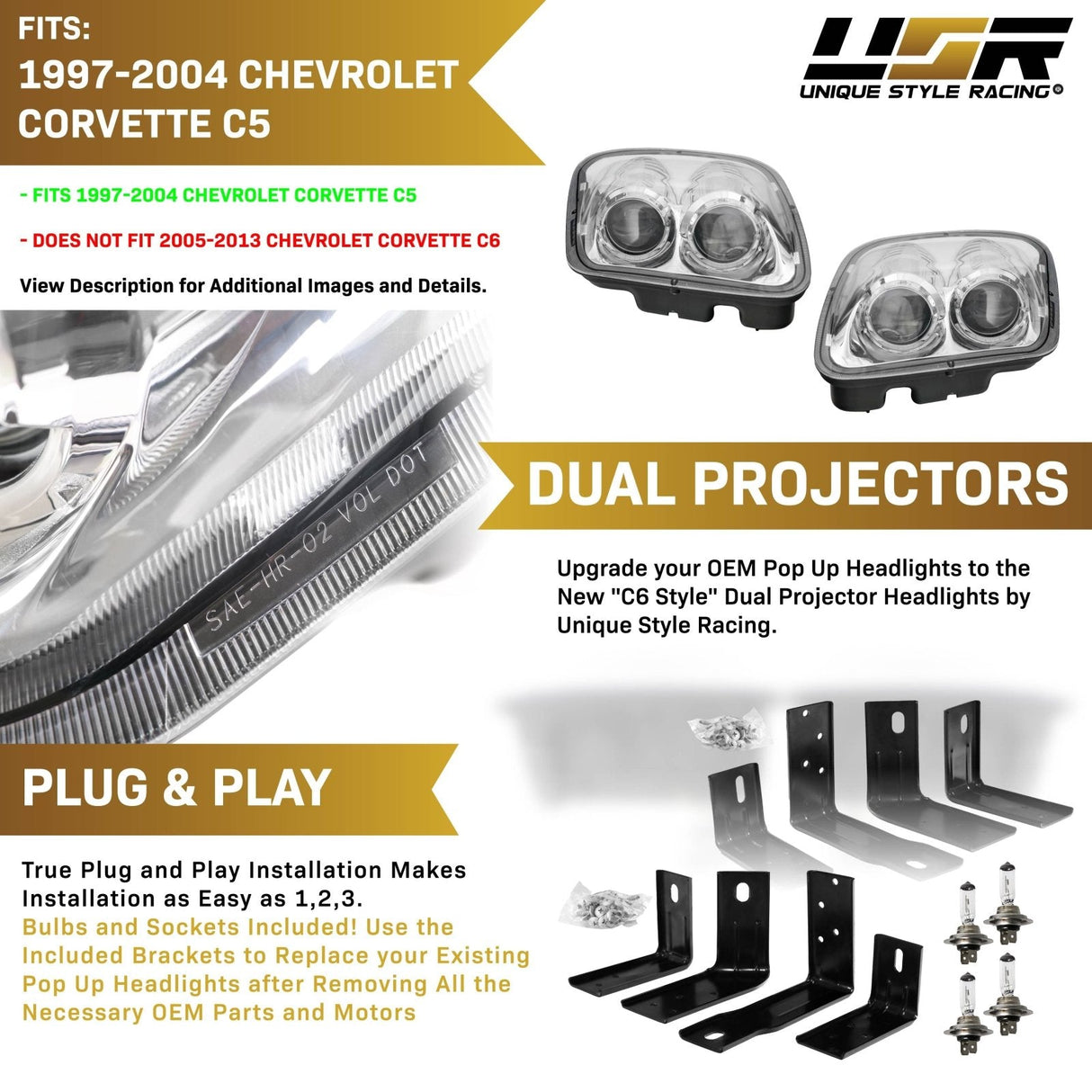 1997-2004 Chevrolet Corvette C5 Chrome Projector Headlights