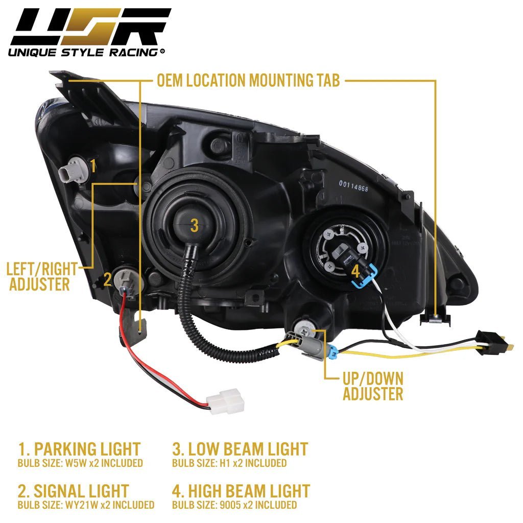 2002-2005 Honda Civic 3D Si Black Projector Headlight Set
