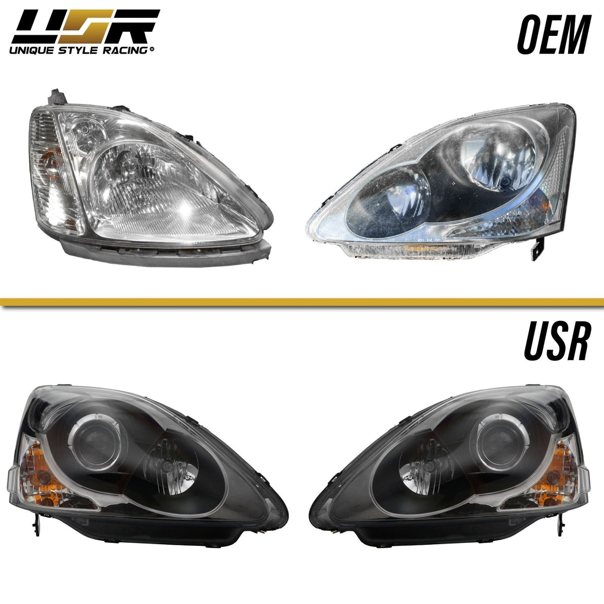 2002-2005 Honda Civic 3D Si Black Projector Headlight Set