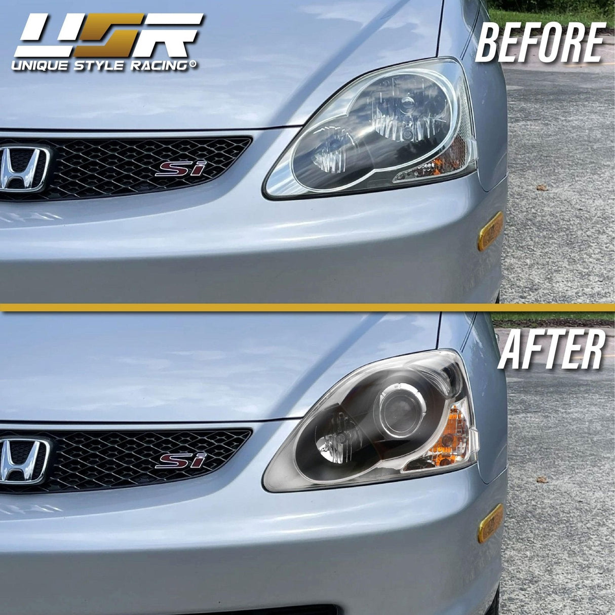 2002-2005 Honda Civic 3D Si Black Projector Headlight Set