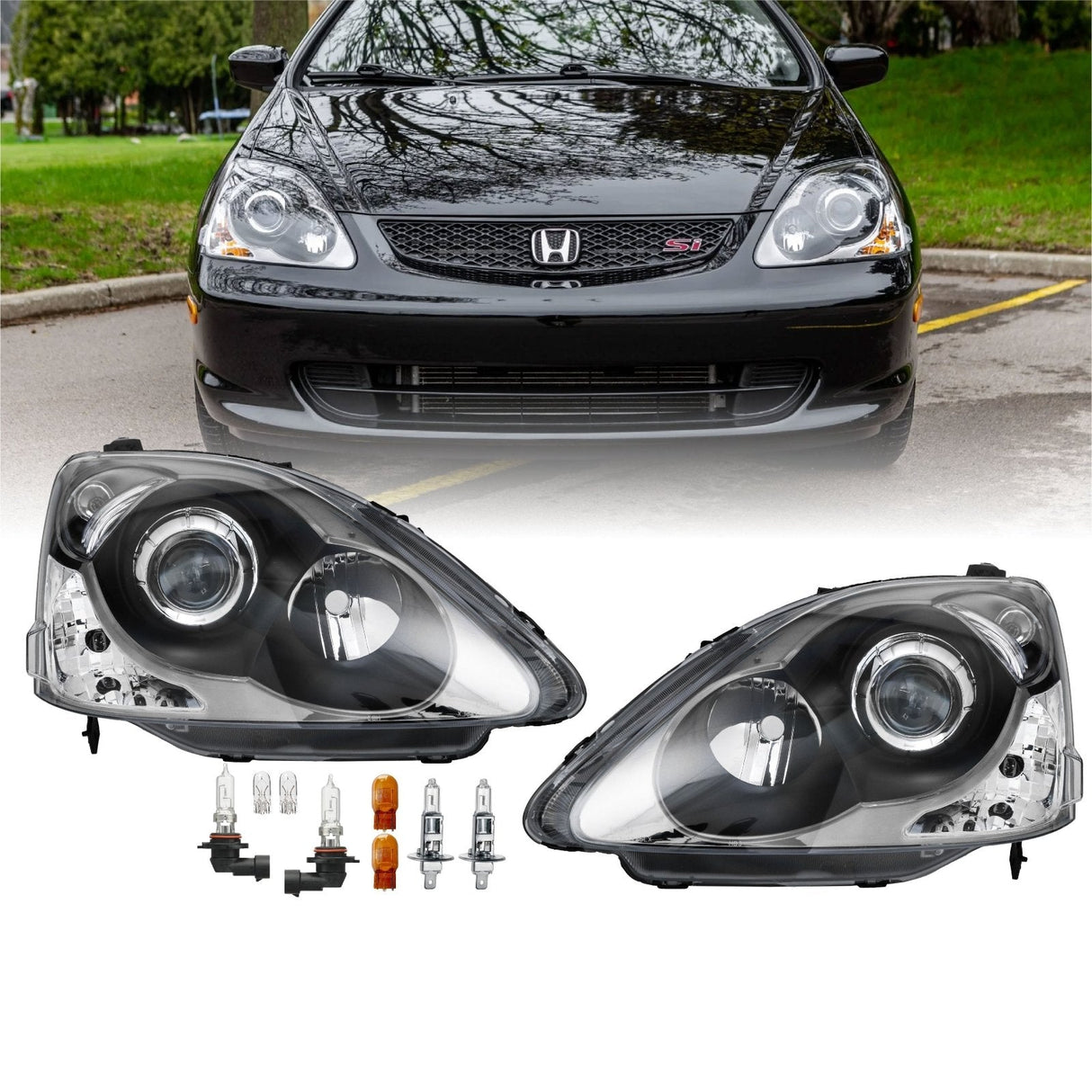 2002-2005 Honda Civic 3D Si Black Projector Headlight Set