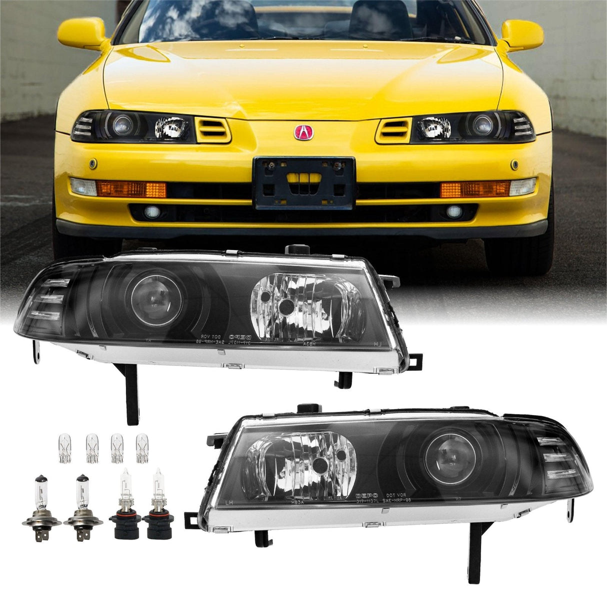 1992-1996 Honda Prelude DM Style Black Projector Headlight Set