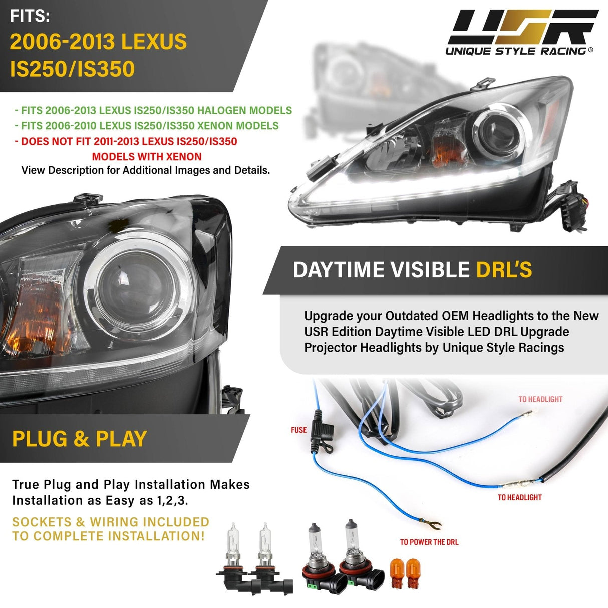 2006-2013 Lexus Is250/Is350 Depo V2 Oe Facelift Style W/Drl Led Bar Projector Black Headlight Set