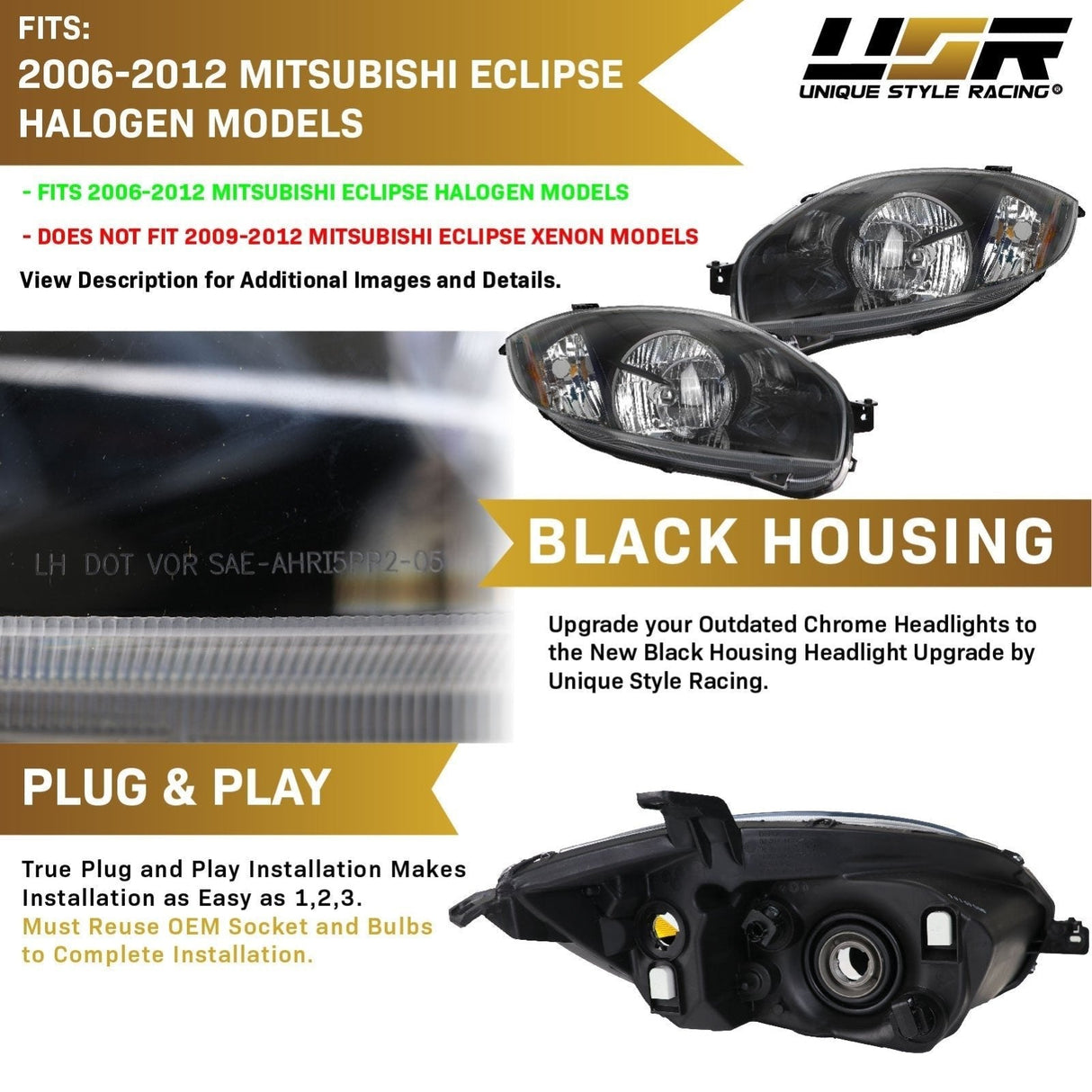 2006-2009 Mitsubishi Eclipse Black Housing Headlights