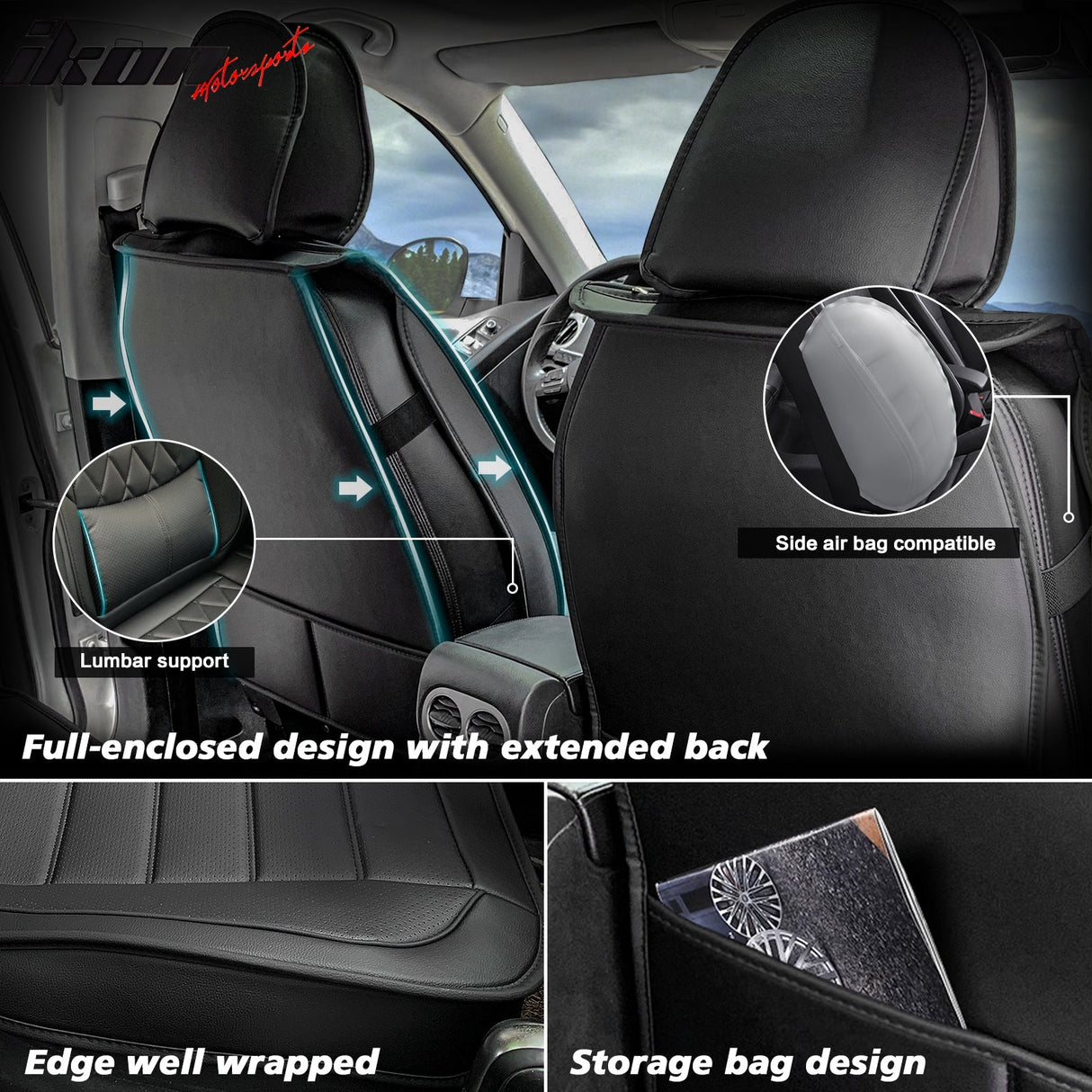 Universal PU Leather Car Seat Cover w/ Lumbar 04B Style Full Set
