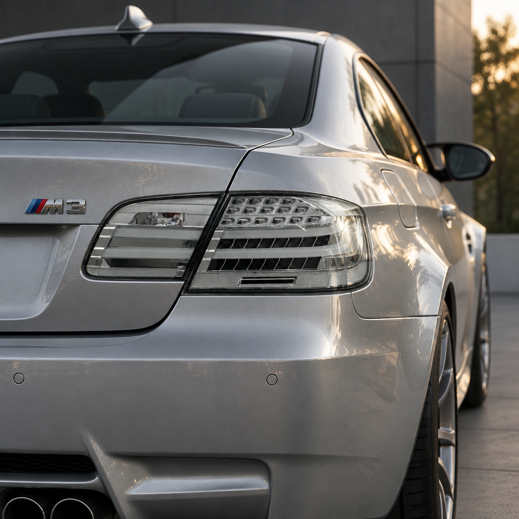 Close-up visualization of clear LED tail lights on a silver BMW E92 M3 coupe