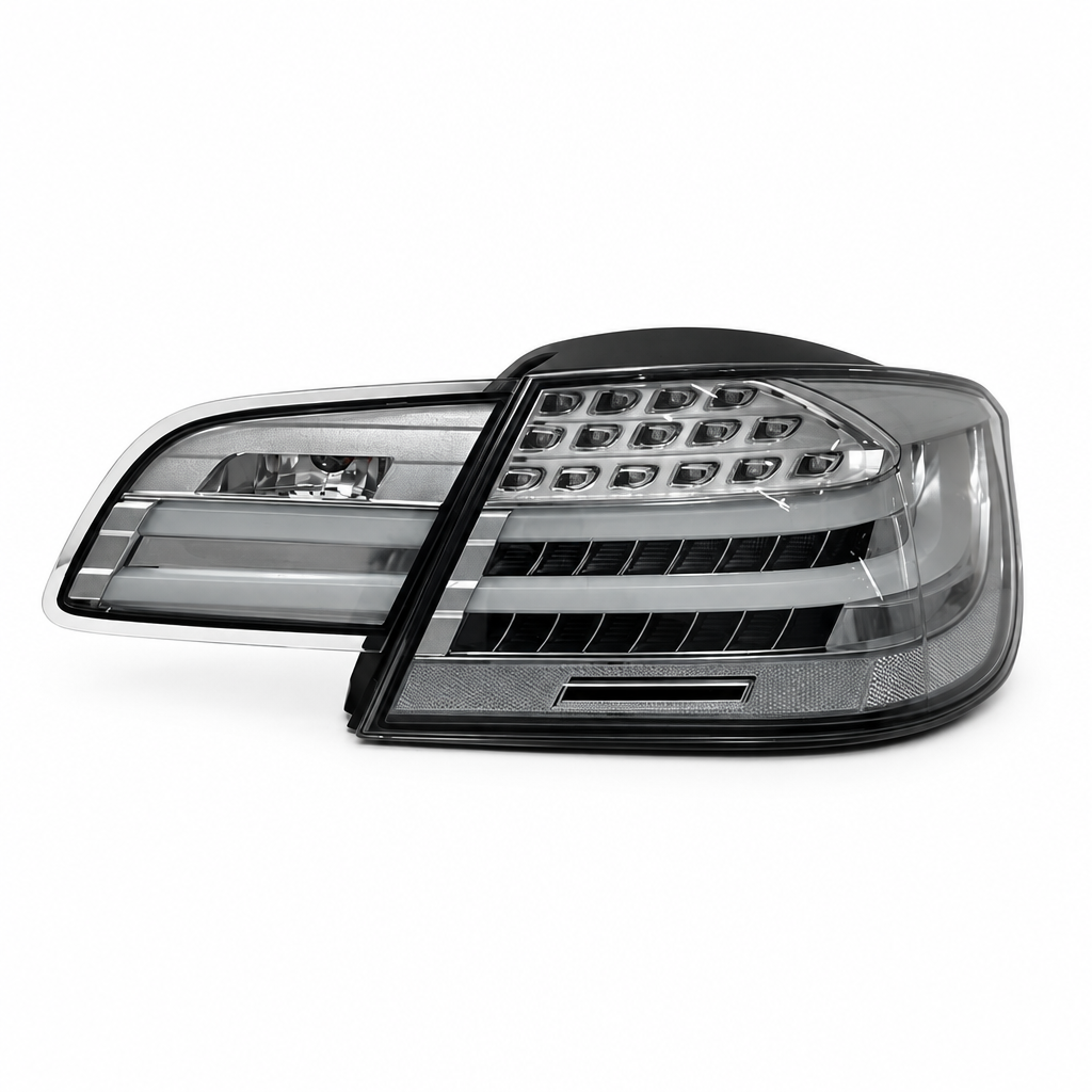 Clear CSL-style tail light outer and inner components, unlit studio view