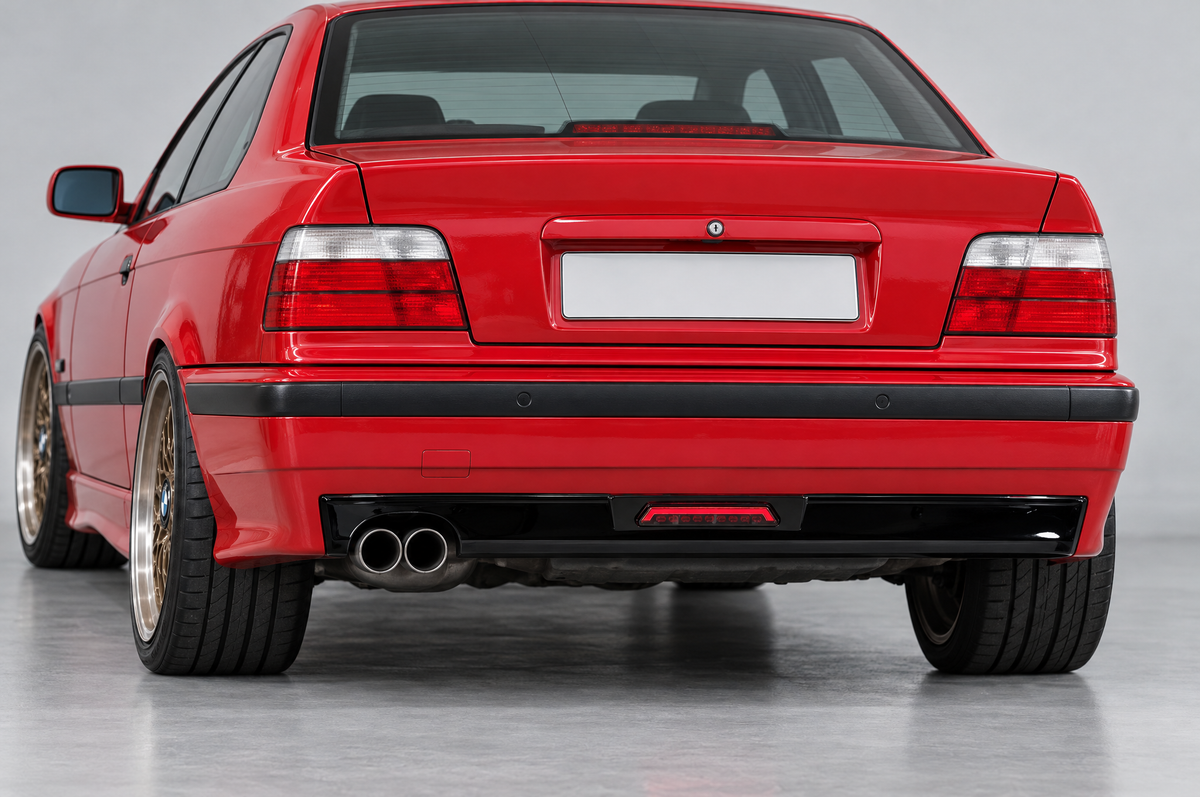 Red BMW E36 coupe with gloss black LED rear diffuser, original compact trapezoid lamp and left twin exhaust clearance; generated installation illustration