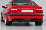 Red BMW E36 coupe with gloss black LED rear diffuser, original compact trapezoid lamp and left twin exhaust clearance; generated installation illustration